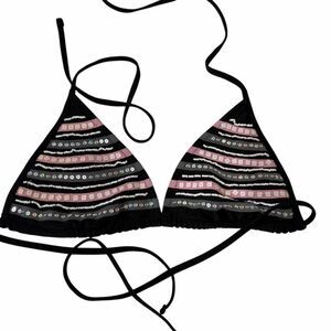 Beach Joy black bikini top with pink and silver geometric stripes and sequins